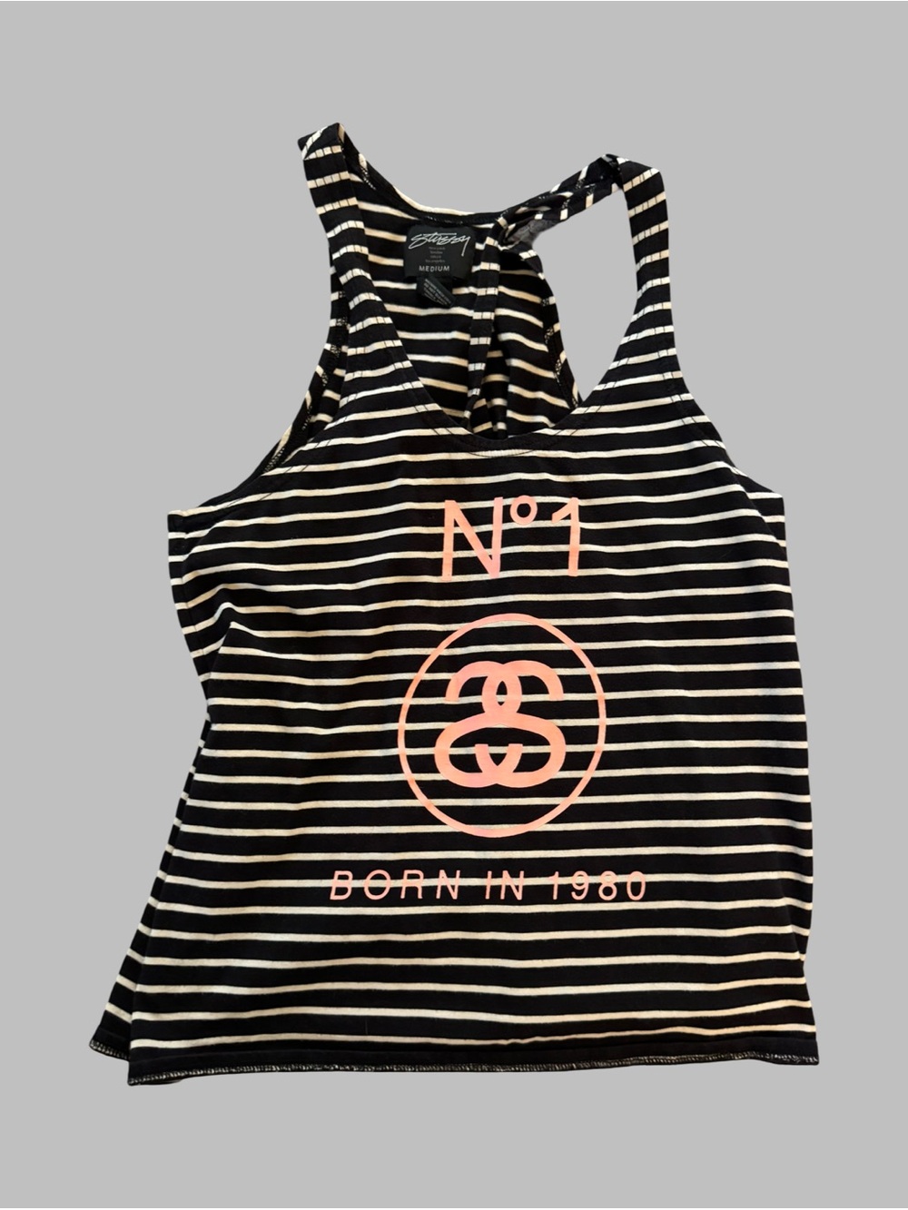 STUSSY Women’s Striped Black & White Racerback Tank with Pink Logo Size Medium